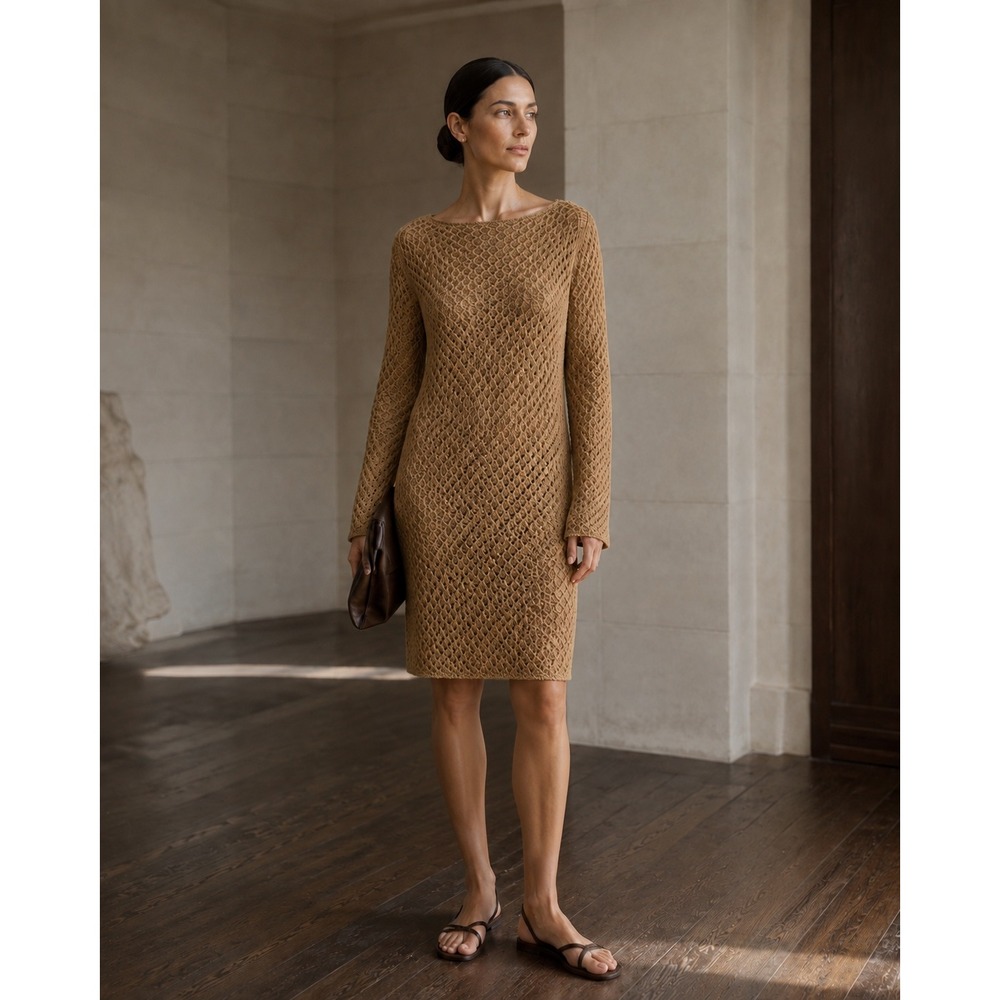 The Row Brown Open Knit Cashmere Silk Long Sleeve Sheath Dress Size Large